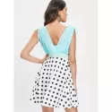 Bowknot Polka Dot Print Deep V Neck Dress - White