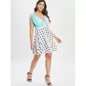 Bowknot Polka Dot Print Deep V Neck Dress - White