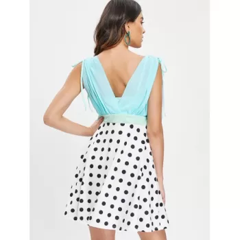Bowknot Polka Dot Print Deep V Neck Dress - White