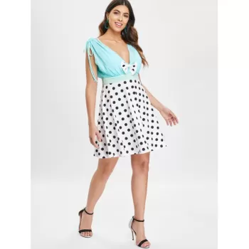 Bowknot Polka Dot Print Deep V Neck Dress - White