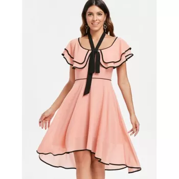 Bowknot Short Sleeve Asymmetrical Dress - Pink Bubblegum