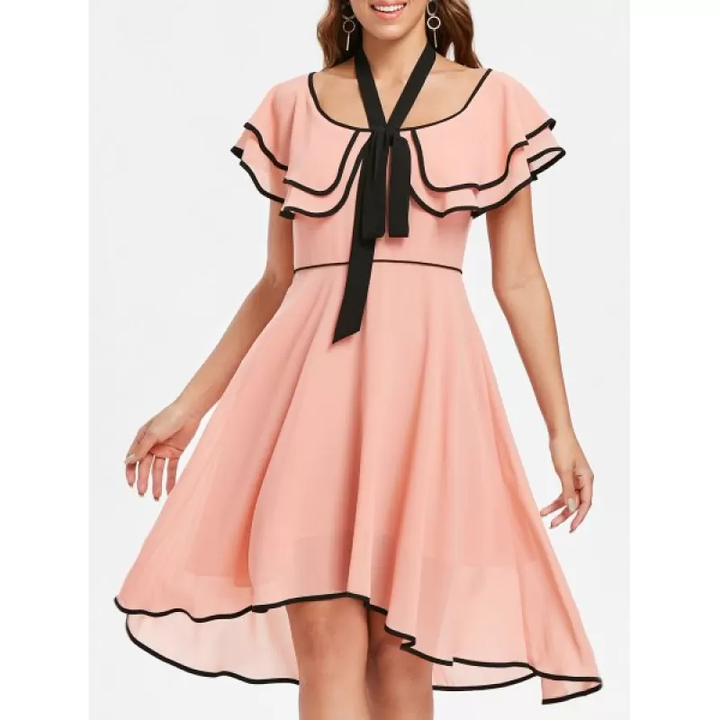 Bowknot Short Sleeve Asymmetrical Dress - Pink Bubblegum