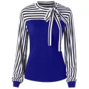 Bowknot Striped Long Sleeve Top - Denim Dark Blue