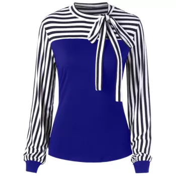 Bowknot Striped Long Sleeve Top - Denim Dark Blue