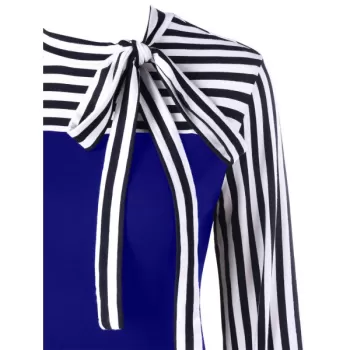 Bowknot Striped Long Sleeve Top - Denim Dark Blue