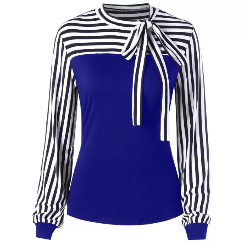 Bowknot Striped Long Sleeve Top - Denim Dark Blue