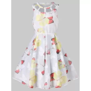 Butterflies Pattern Fit and Flare Dress - White
