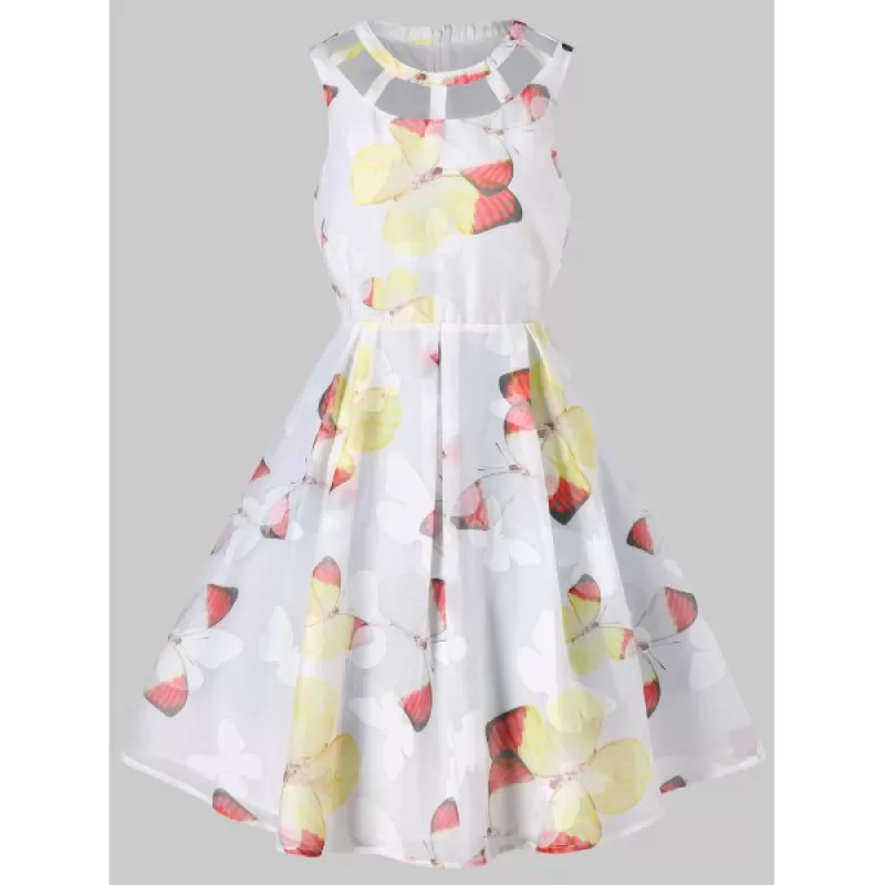 Butterflies Pattern Fit and Flare Dress - White
