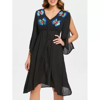 Butterflies Sequined Split Sleeve Chiffon Dress - Black