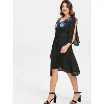 Butterflies Sequined Split Sleeve Chiffon Dress - Black