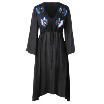 Butterflies Sequined Split Sleeve Chiffon Dress - Black