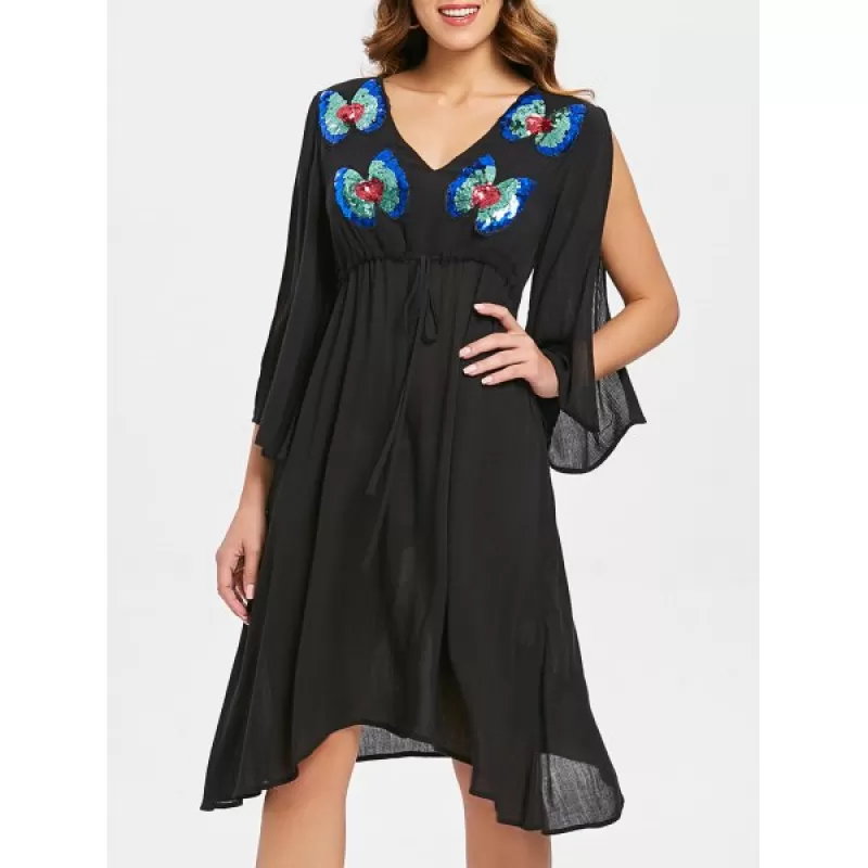 Butterflies Sequined Split Sleeve Chiffon Dress - Black