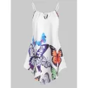 Butterfly Print Asymmetrical Spaghetti Strap Keyhole Top - White