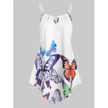 Butterfly Print Asymmetrical Spaghetti Strap Keyhole Top - White