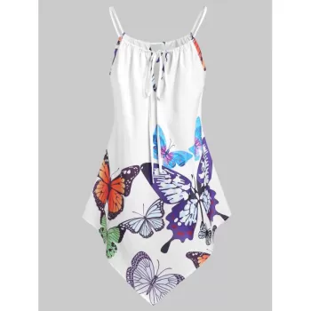Butterfly Print Asymmetrical Spaghetti Strap Keyhole Top - White