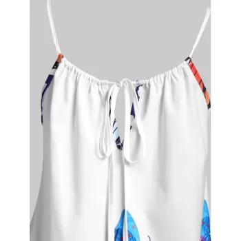 Butterfly Print Asymmetrical Spaghetti Strap Keyhole Top - White