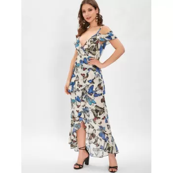 Butterfly Print Cold houlder Ruffle Dress -