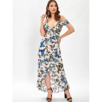 Butterfly Print Cold houlder Ruffle Dress -