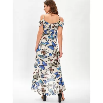 Butterfly Print Cold houlder Ruffle Dress -