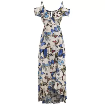 Butterfly Print Cold houlder Ruffle Dress -