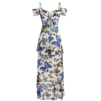 Butterfly Print Cold houlder Ruffle Dress -