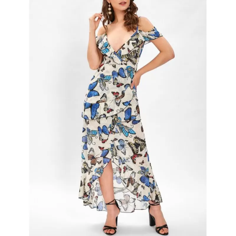 Butterfly Print Cold houlder Ruffle Dress -