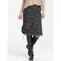 Button Embellished Frayed Slit Tweed Plaid Skirt - Black
