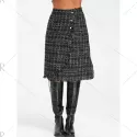 Button Embellished Frayed Slit Tweed Plaid Skirt - Black