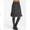 Button Embellished Frayed Slit Tweed Plaid Skirt - Black