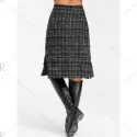 Button Embellished Frayed Slit Tweed Plaid Skirt - Black