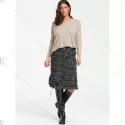 Button Embellished Frayed Slit Tweed Plaid Skirt - Black