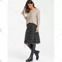 Button Embellished Frayed Slit Tweed Plaid Skirt - Black