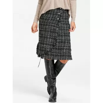 Button Embellished Frayed Slit Tweed Plaid Skirt - Black