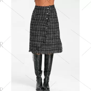 Button Embellished Frayed Slit Tweed Plaid Skirt - Black