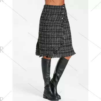 Button Embellished Frayed Slit Tweed Plaid Skirt - Black