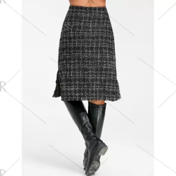 Button Embellished Frayed Slit Tweed Plaid Skirt - Black