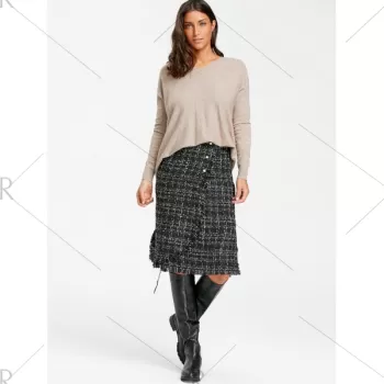 Button Embellished Frayed Slit Tweed Plaid Skirt - Black