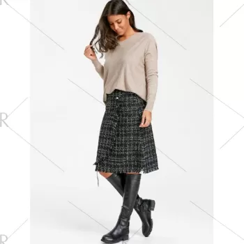 Button Embellished Frayed Slit Tweed Plaid Skirt - Black