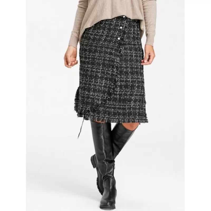 Button Embellished Frayed Slit Tweed Plaid Skirt - Black