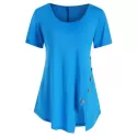 Button Embellished Slit Short Sleeve T-shirt - Deep Sky Blue