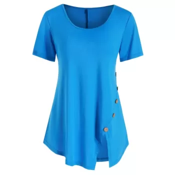 Button Embellished Slit Short Sleeve T-shirt - Deep Sky Blue