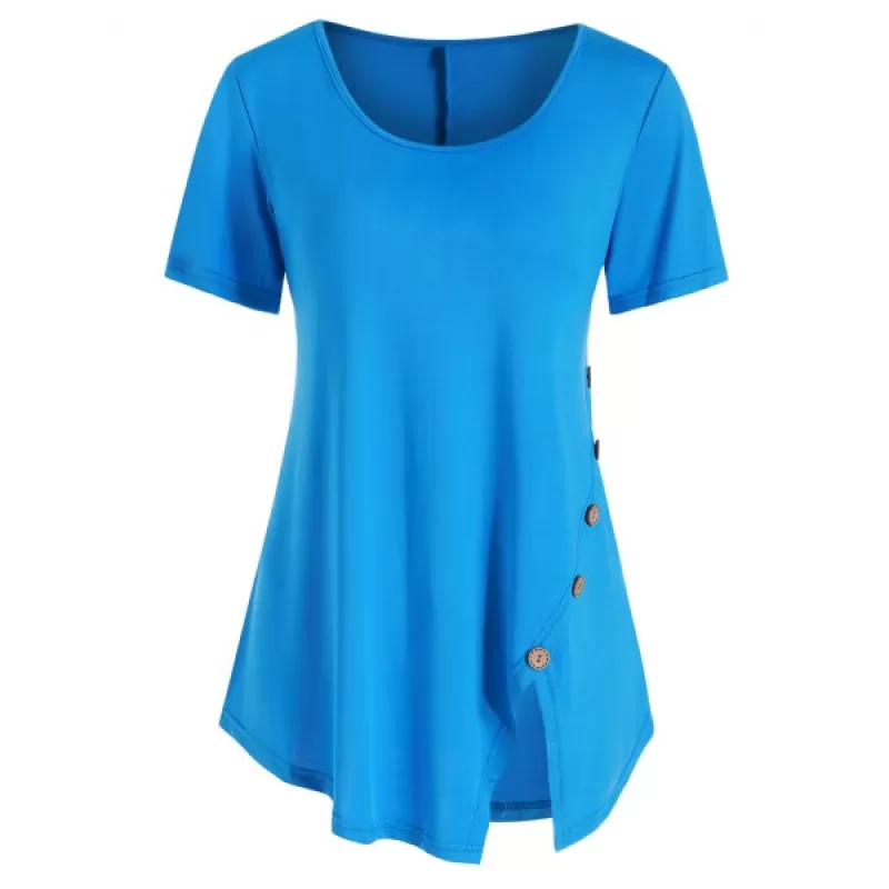 Button Embellished Slit Short Sleeve T-shirt - Deep Sky Blue