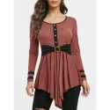Button Embellished triped Longline T-shirt - Rust