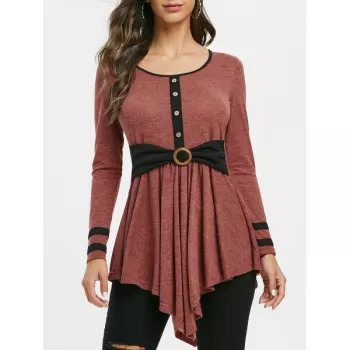 Button Embellished triped Longline T-shirt - Rust