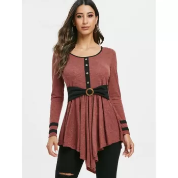 Button Embellished triped Longline T-shirt - Rust