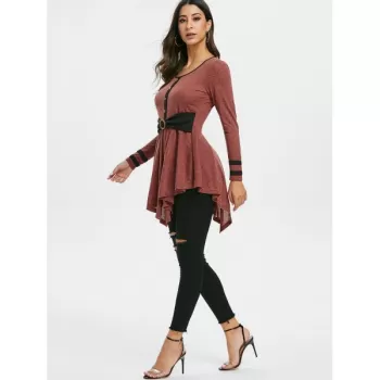 Button Embellished triped Longline T-shirt - Rust