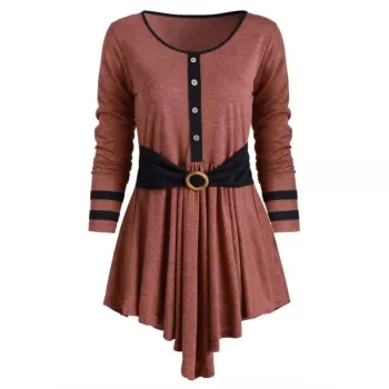 Button Embellished triped Longline T-shirt - Rust