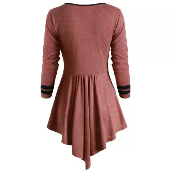 Button Embellished triped Longline T-shirt - Rust