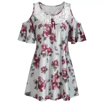 Button Placket Lace Insert Longline T-shirt -