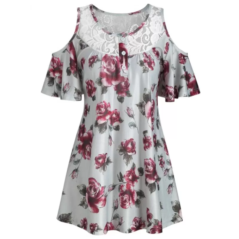 Button Placket Lace Insert Longline T-shirt -